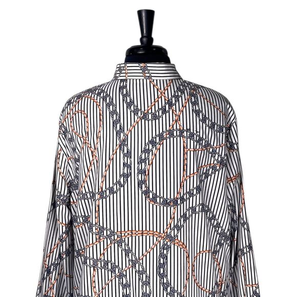 Chicos Womens Shirt 3 XL Navy White Chain Rope Stripe Tunic Stretch Button Top - Picture 7 of 10
